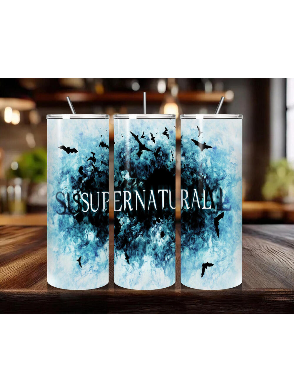 20 oz Supernatural Stainless Steel Tumbler with Lid, Straw - Smoke